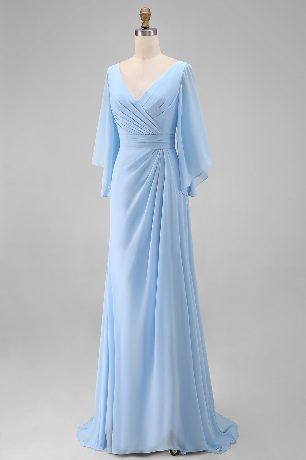 Sky Blue Chiffon A-Line V-Neck Ruched Mother of the Bride Dress with Sleeves