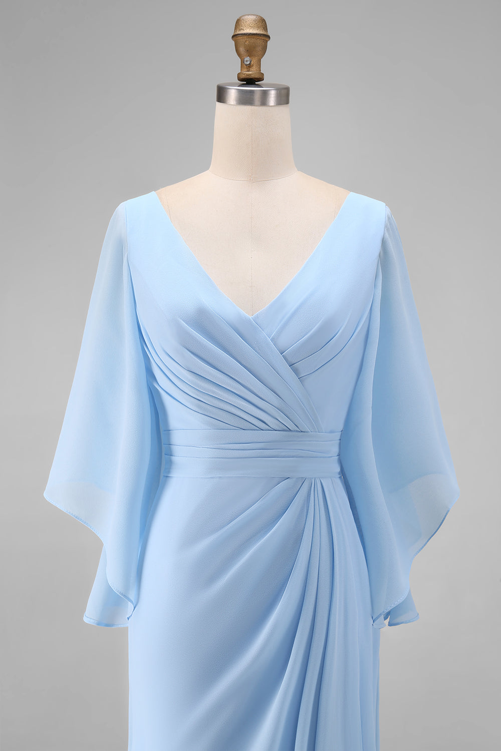 Sky Blue Chiffon A-Line V-Neck Ruched Mother of the Bride Dress with Sleeves