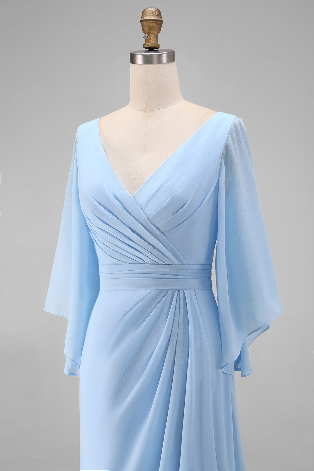 Sky Blue Chiffon A-Line V-Neck Ruched Mother of the Bride Dress with Sleeves