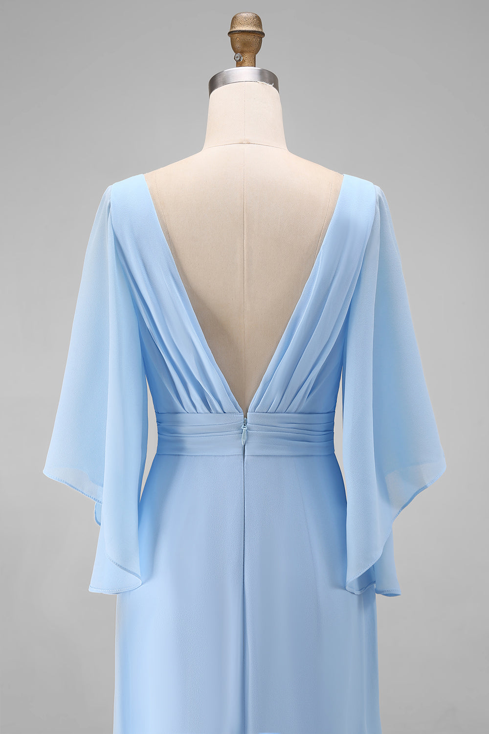 Sky Blue Chiffon A-Line V-Neck Ruched Mother of the Bride Dress with Sleeves