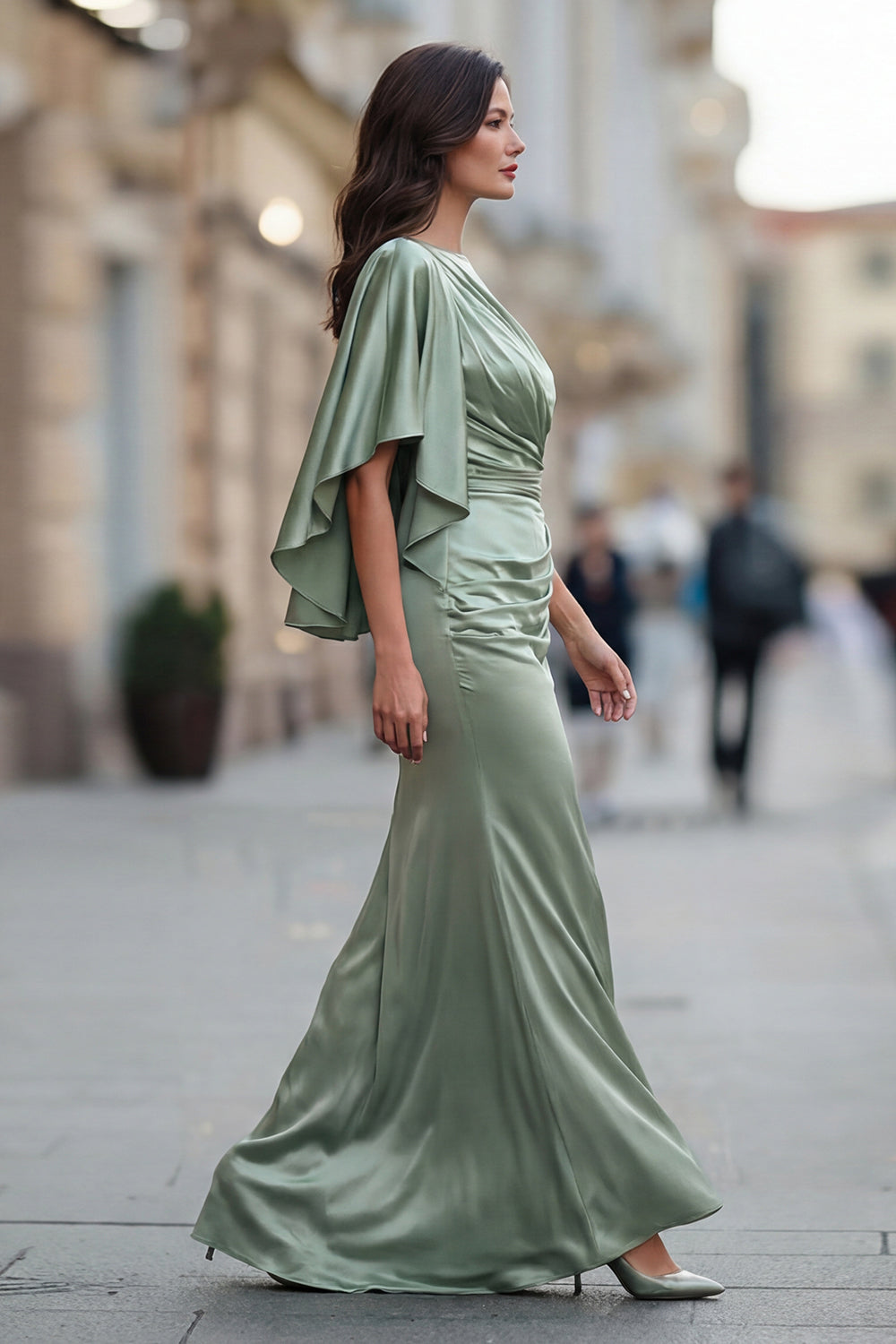 Sage Green Satin Ruched Mother of the Bride Dress with Half Sleeve