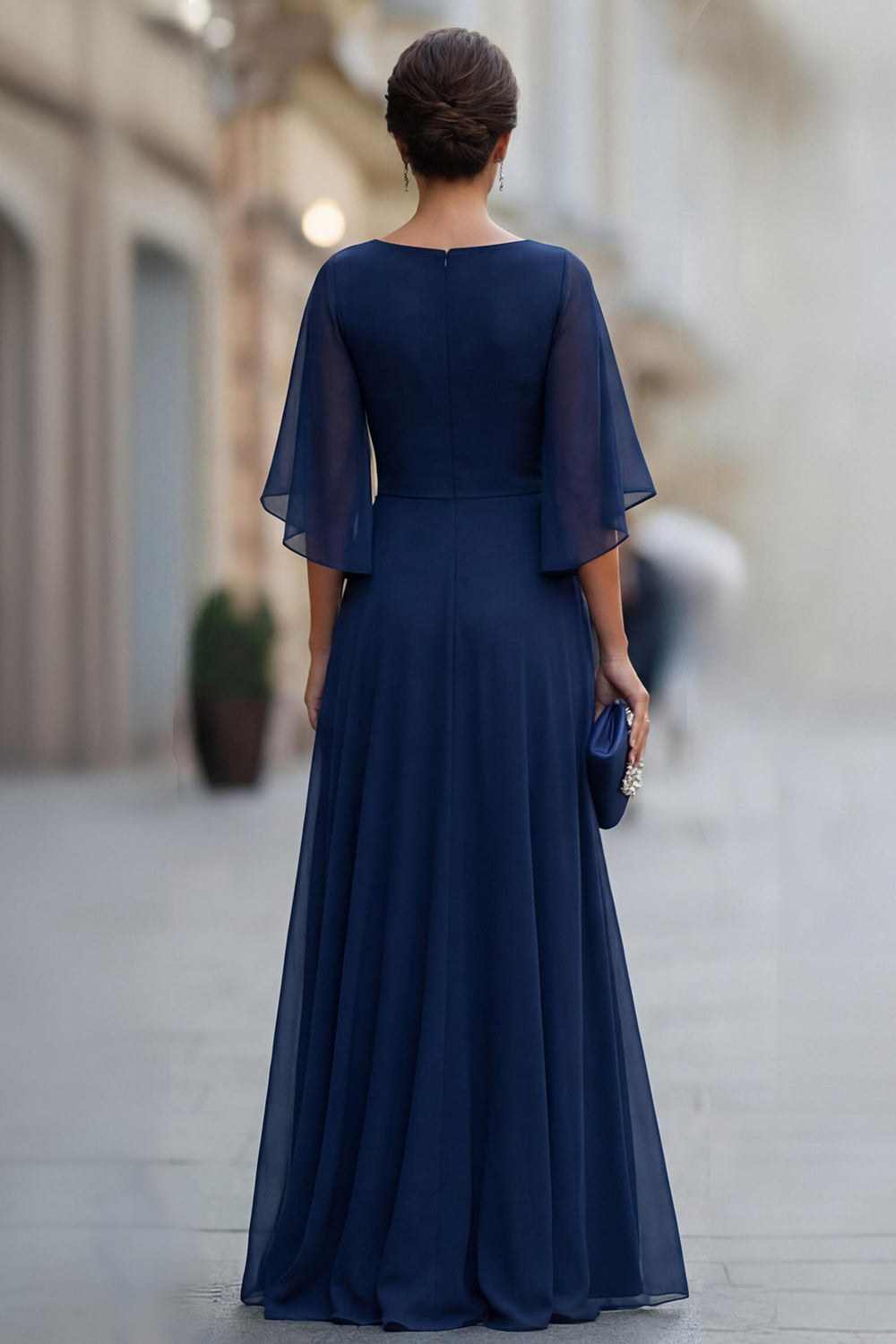 Chiffon Navy Ruched A Line Mother of the Bride Dress with Half Sleeve