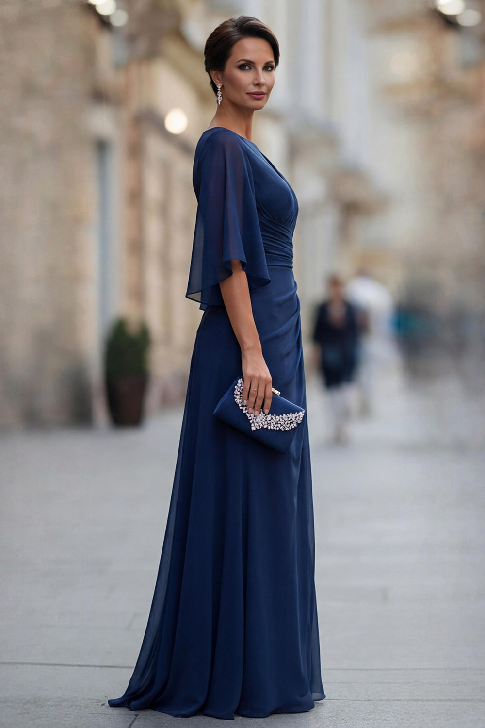 Chiffon Navy Ruched A Line Mother of the Bride Dress with Half Sleeve