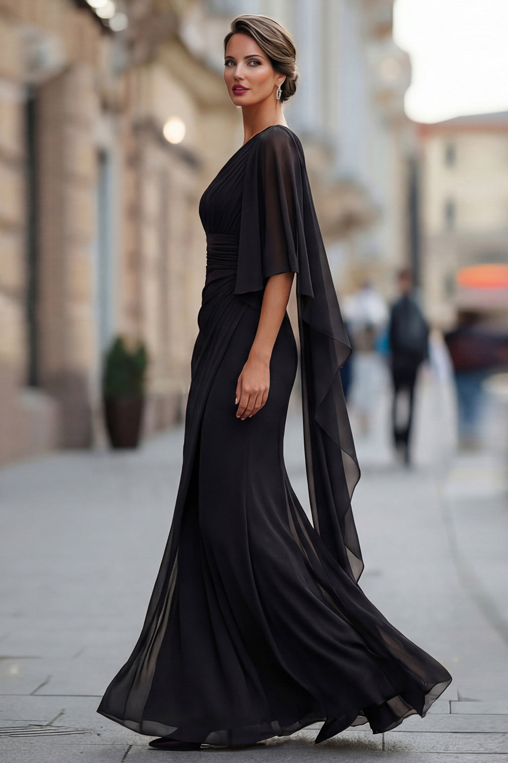 Robe de mère de la mariée sirène froncée en mousseline vert sauge à une épaule avec manche