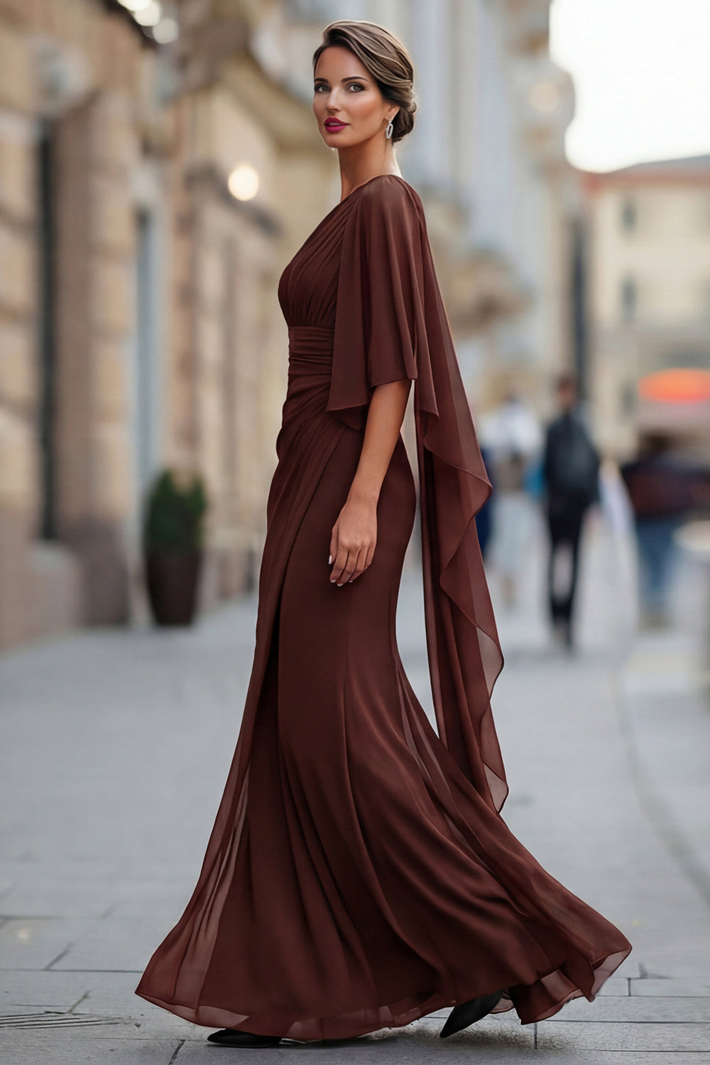 Robe de mère de la mariée sirène froncée en mousseline vert sauge à une épaule avec manche