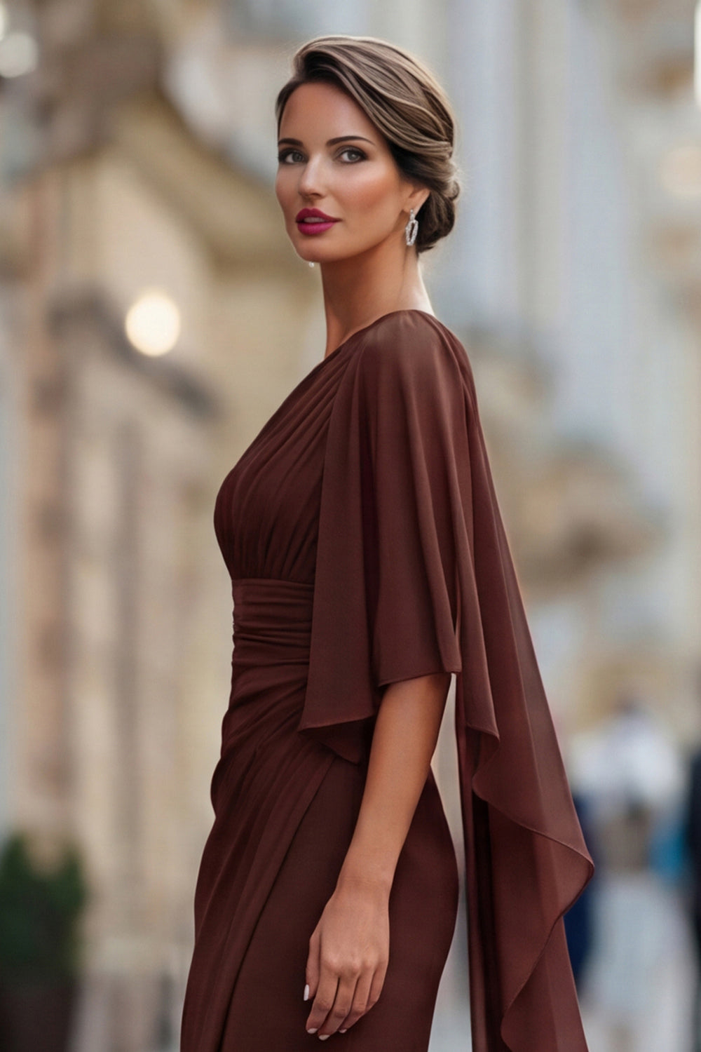 Robe de mère de la mariée sirène froncée en mousseline vert sauge à une épaule avec manche