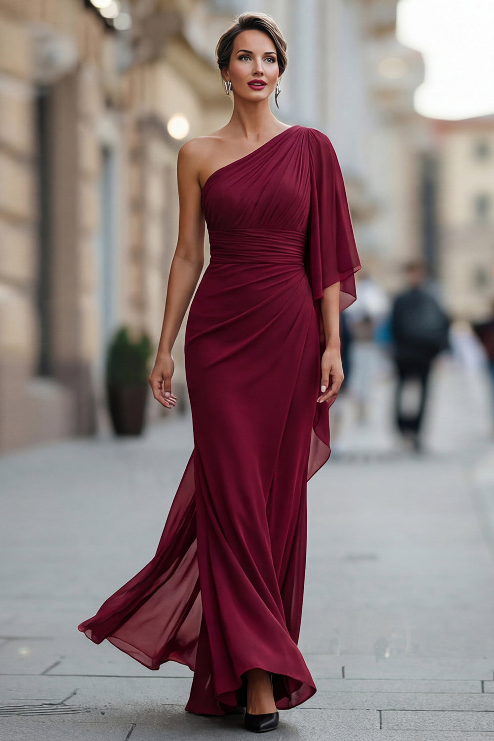 Robe de mère de la mariée sirène froncée en mousseline vert sauge à une épaule avec manche