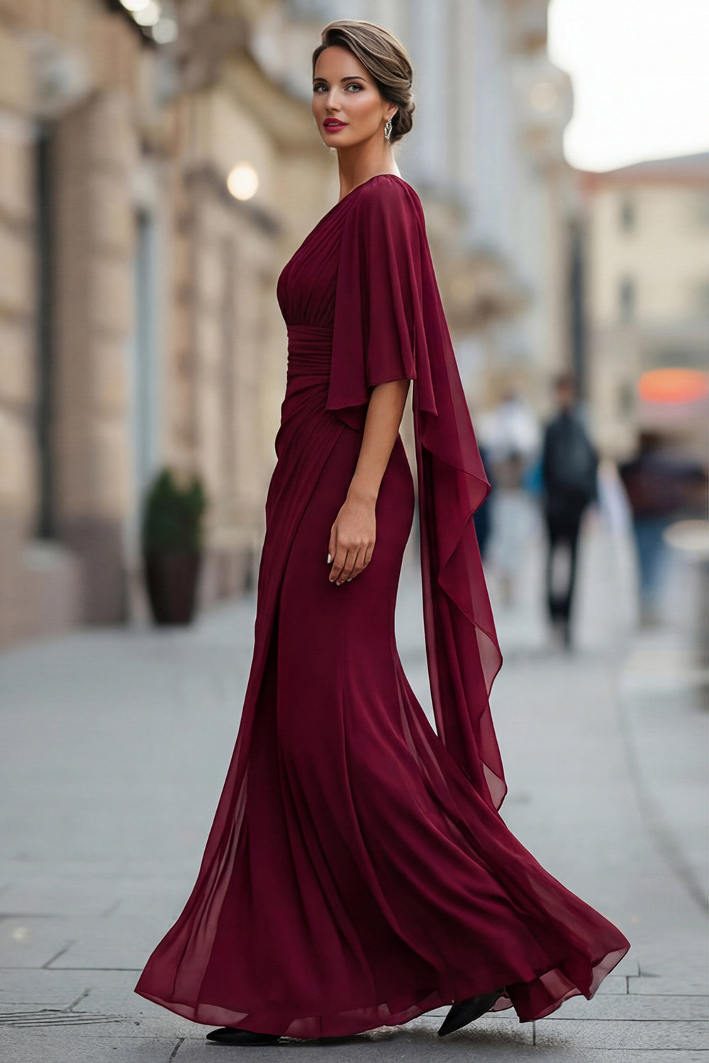 Robe de mère de la mariée sirène froncée en mousseline vert sauge à une épaule avec manche