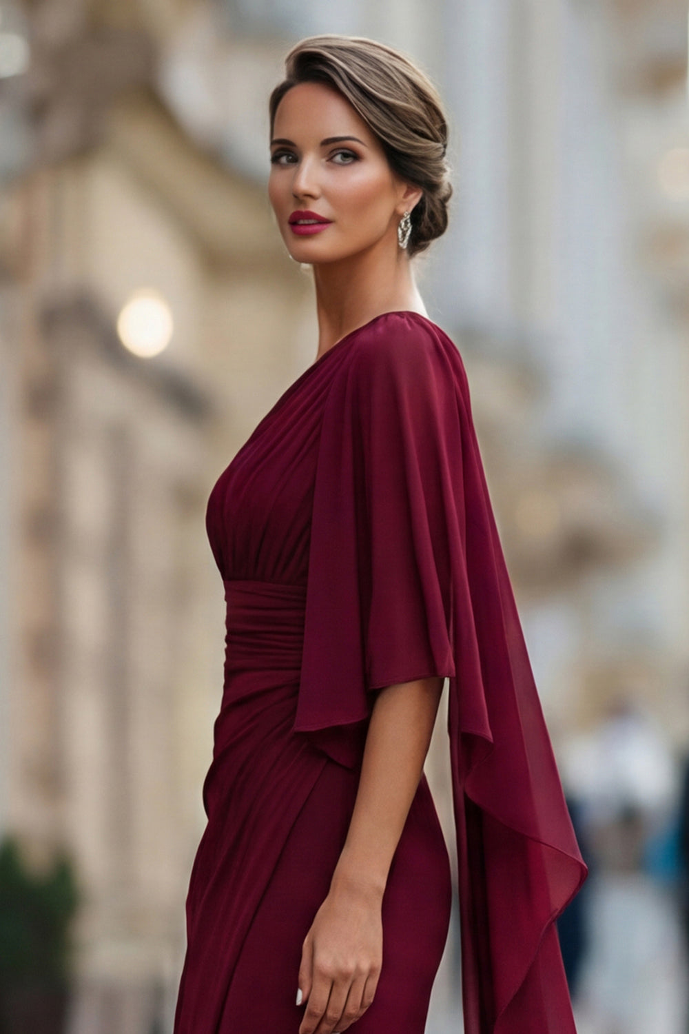 Robe de mère de la mariée sirène froncée en mousseline vert sauge à une épaule avec manche