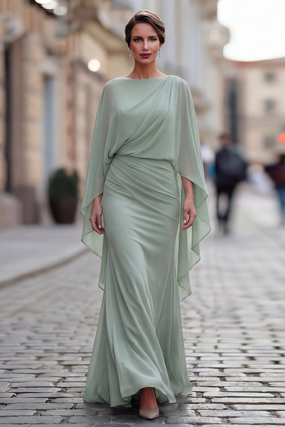 Sage Green Chiffon Ruffled Mermaid Ruched Mother of the Bride Dress with Sleeve