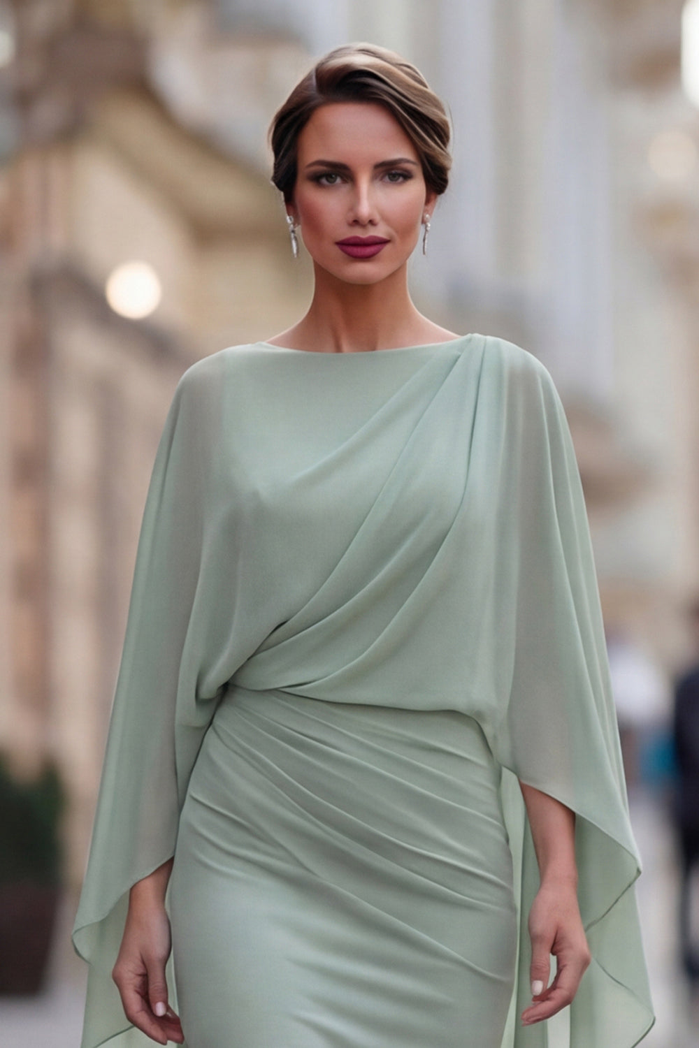 Sage Green Chiffon Ruffled Mermaid Ruched Mother of the Bride Dress with Sleeve