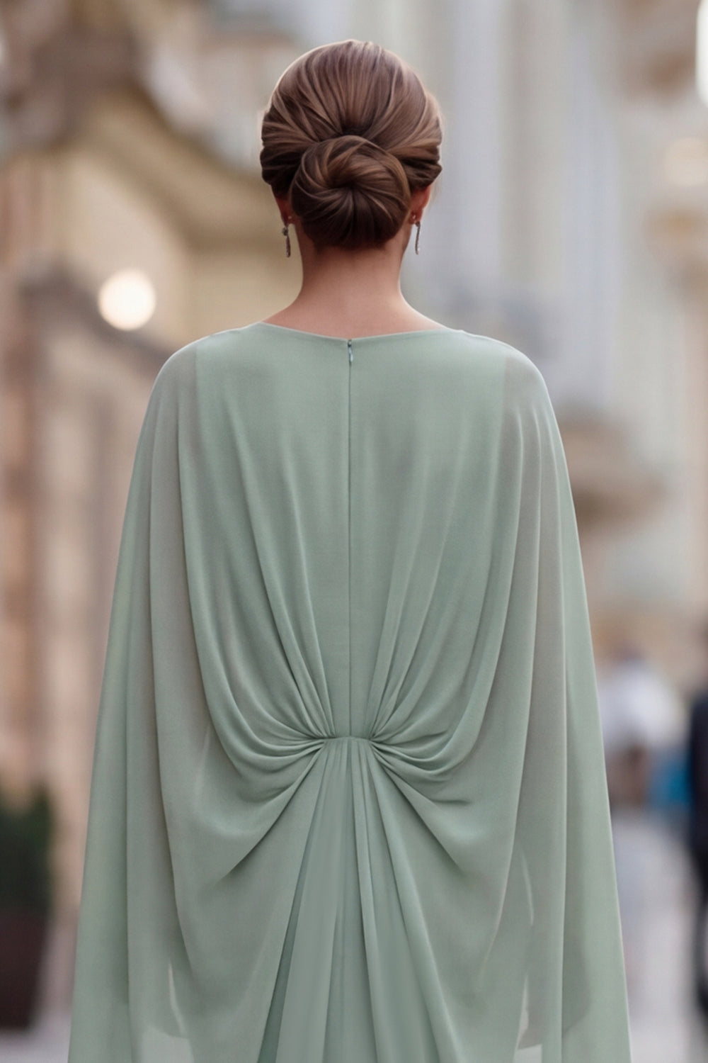 Sage Green Chiffon Ruffled Mermaid Ruched Mother of the Bride Dress with Sleeve