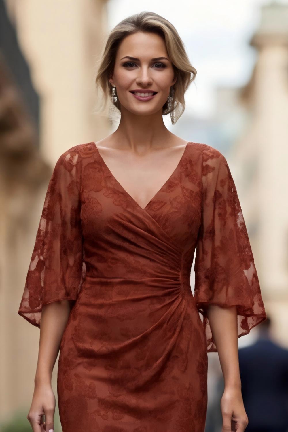 Robe fourreau drapée rouille en dentelle avec demi-manches pour la mère de la mariée