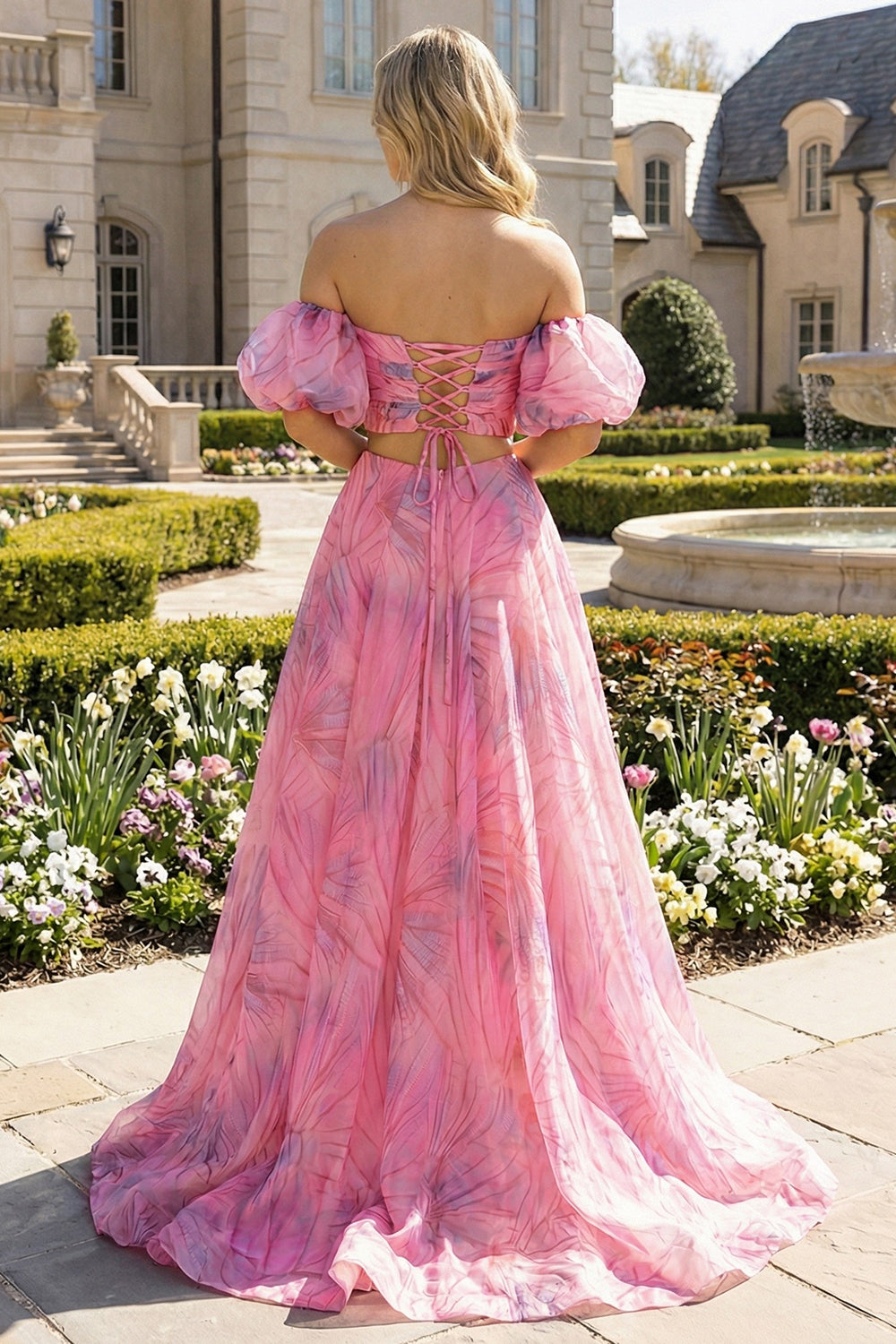 Robe longue rose trapèze fendue avec épaules dénudées