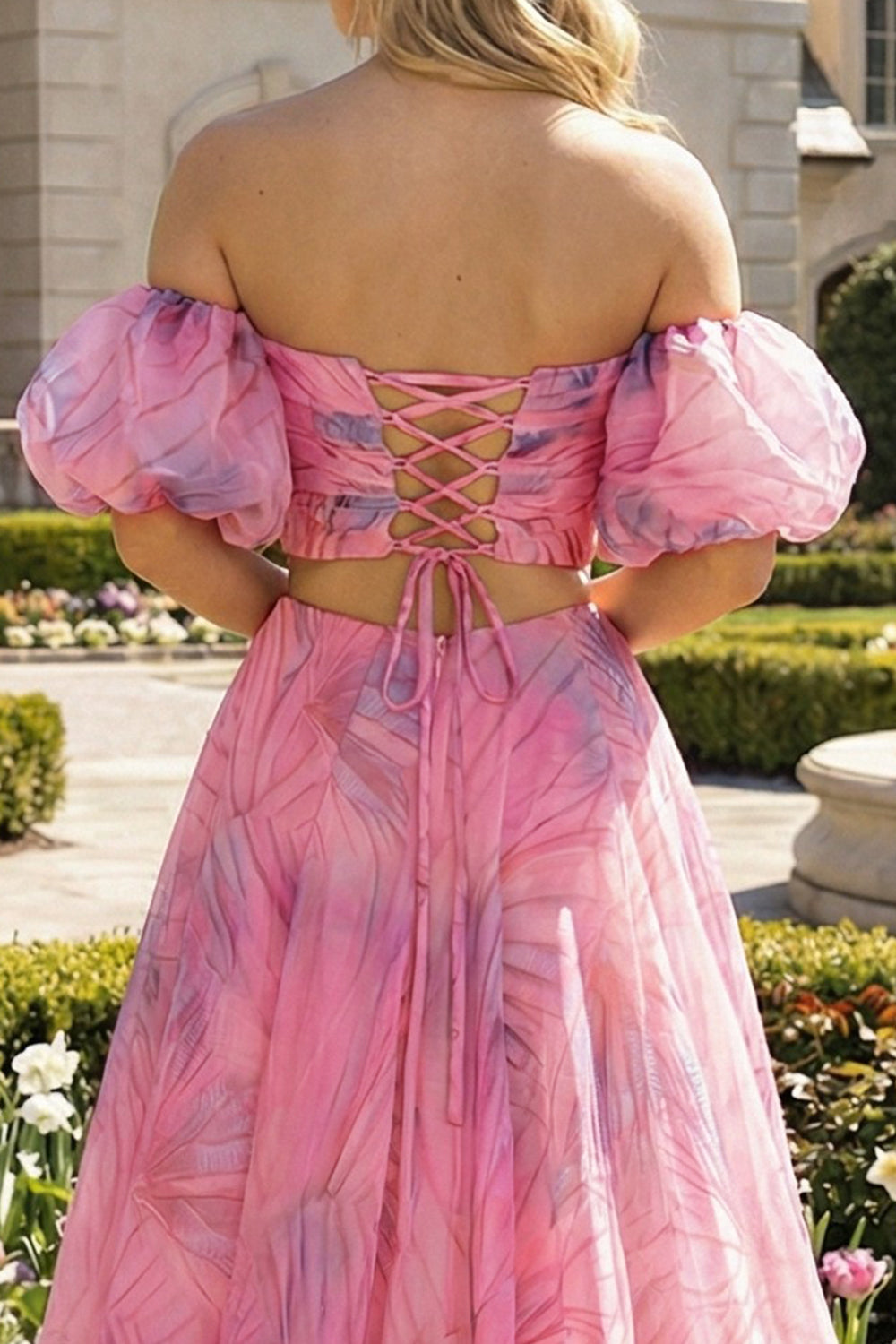Robe longue rose trapèze fendue avec épaules dénudées