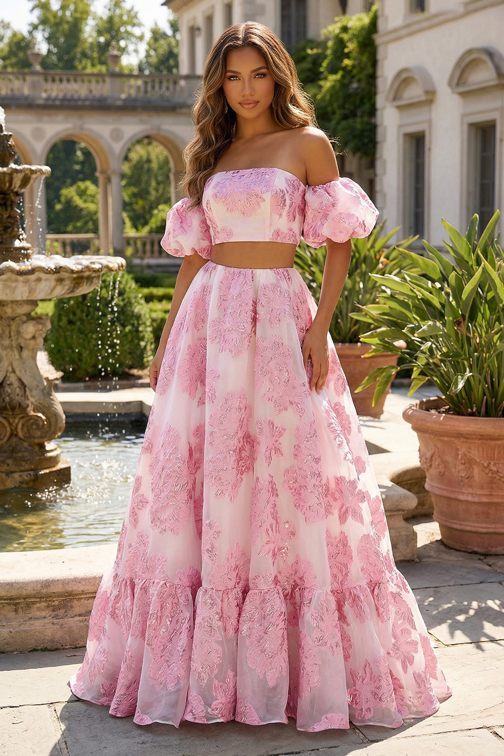 Pink A Line Off The Shoulder Long Jacquard Dress with Lace Up Back