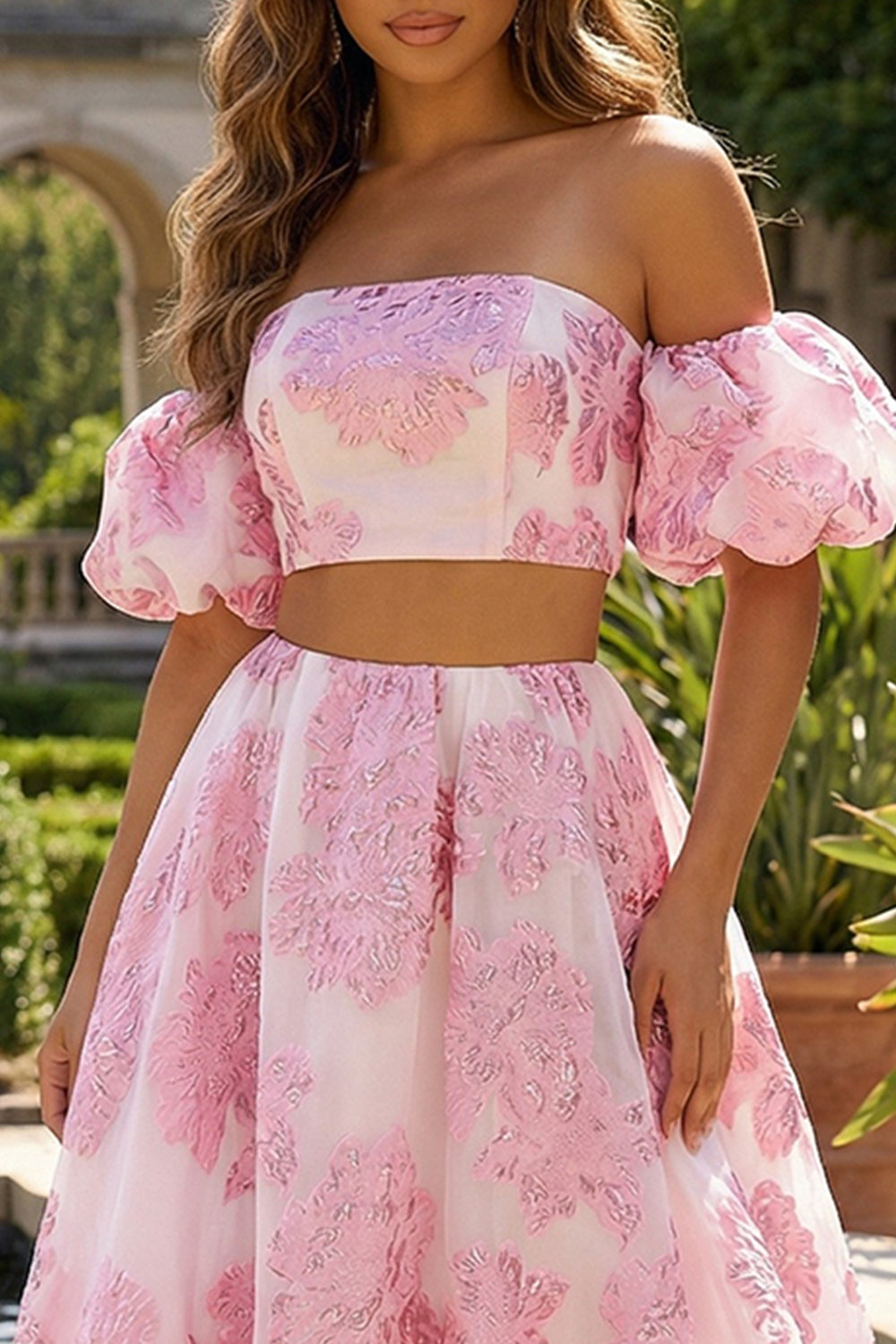 Pink A Line Off The Shoulder Long Jacquard Dress with Lace Up Back