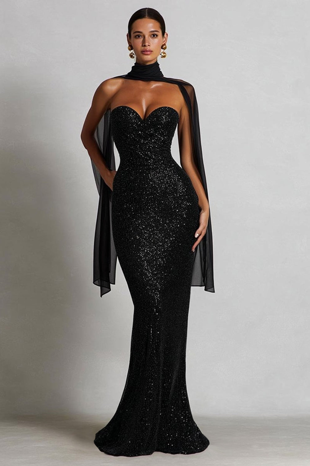 Sparkly Black Mermaid Sweetheart Maxi Dress with a Neck Sacrf