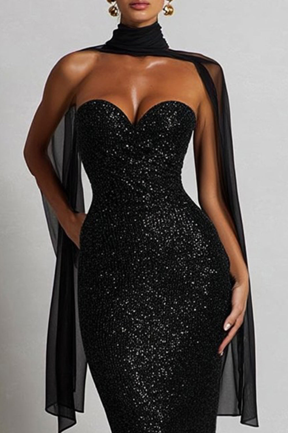 Sparkly Black Mermaid Sweetheart Maxi Dress with a Neck Sacrf