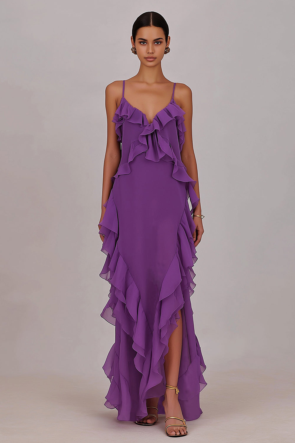 Robe longue fourreau en mousseline de soie prune à volants et fente