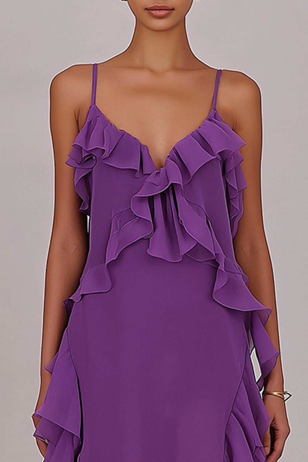 Robe longue fourreau en mousseline de soie prune à volants et fente