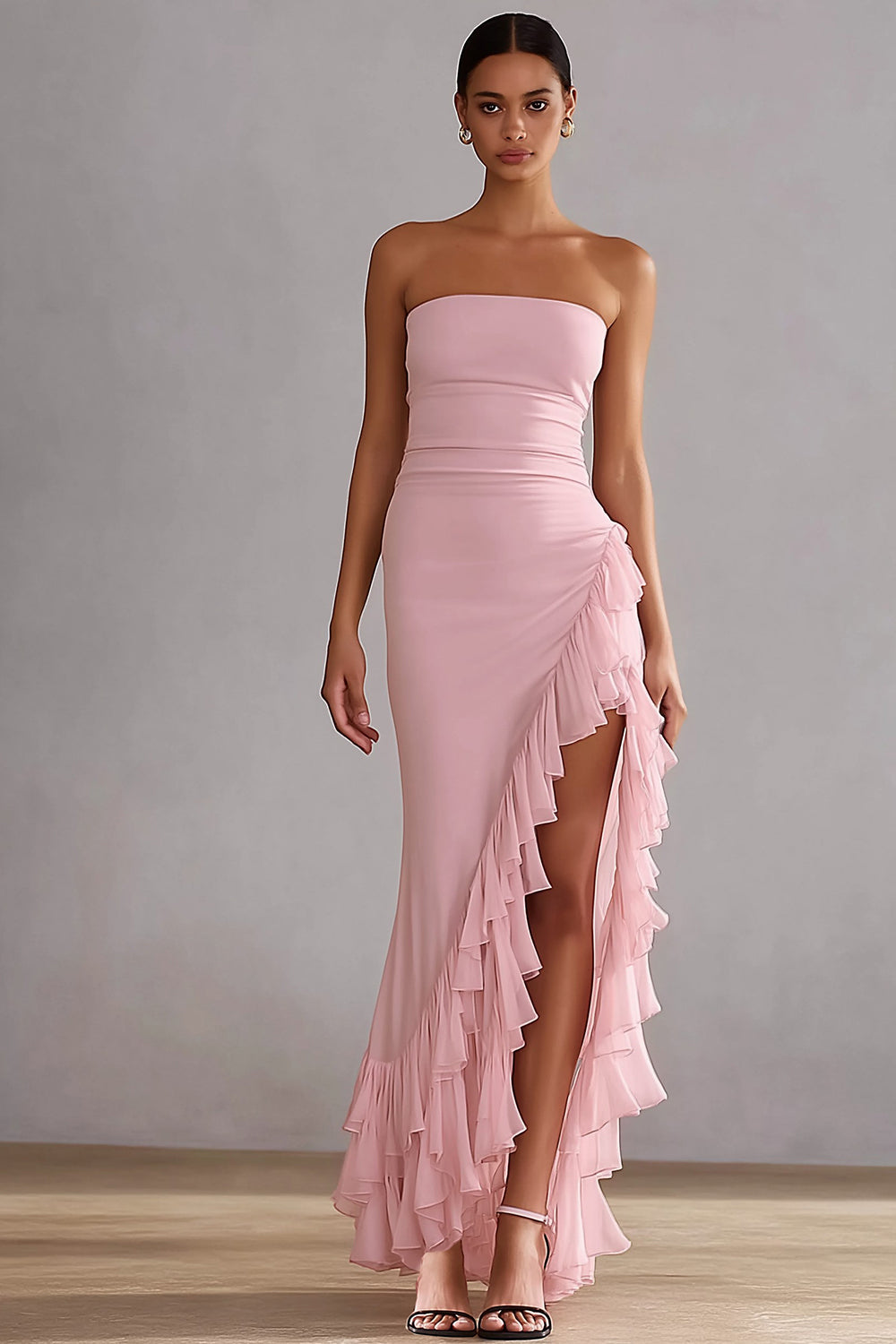 Pink Strapless Ruffled Sheath Long Chiffon Dress with Slit