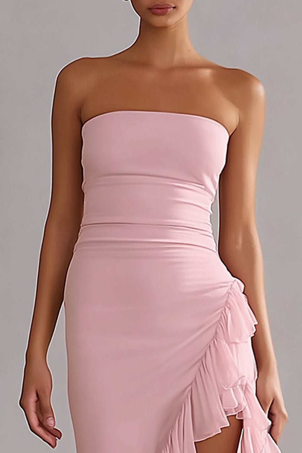 Pink Strapless Ruffled Sheath Long Chiffon Dress with Slit