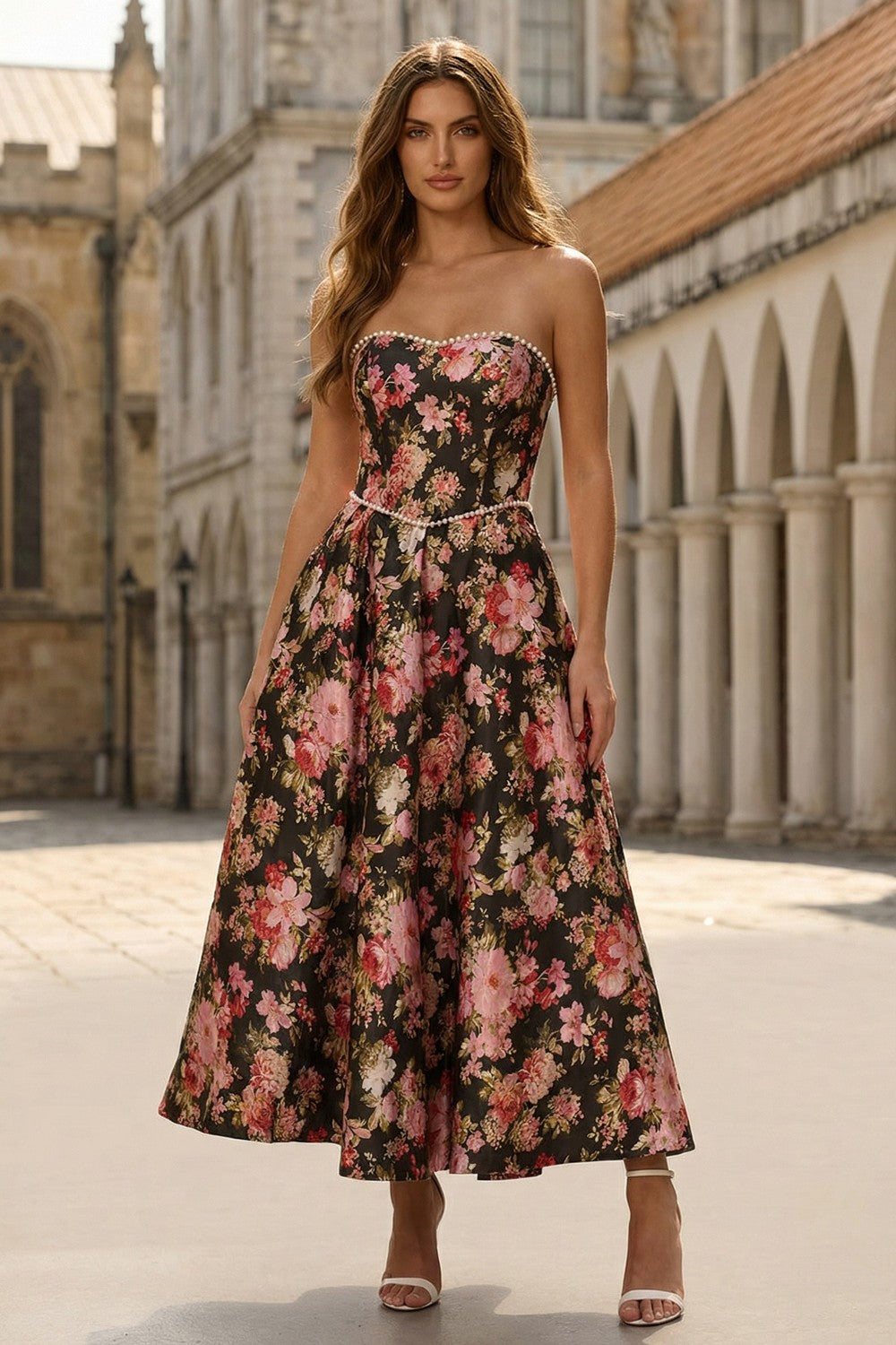 Strapless A-Line Printed Black Pink Flower Midi Dress with Pearls