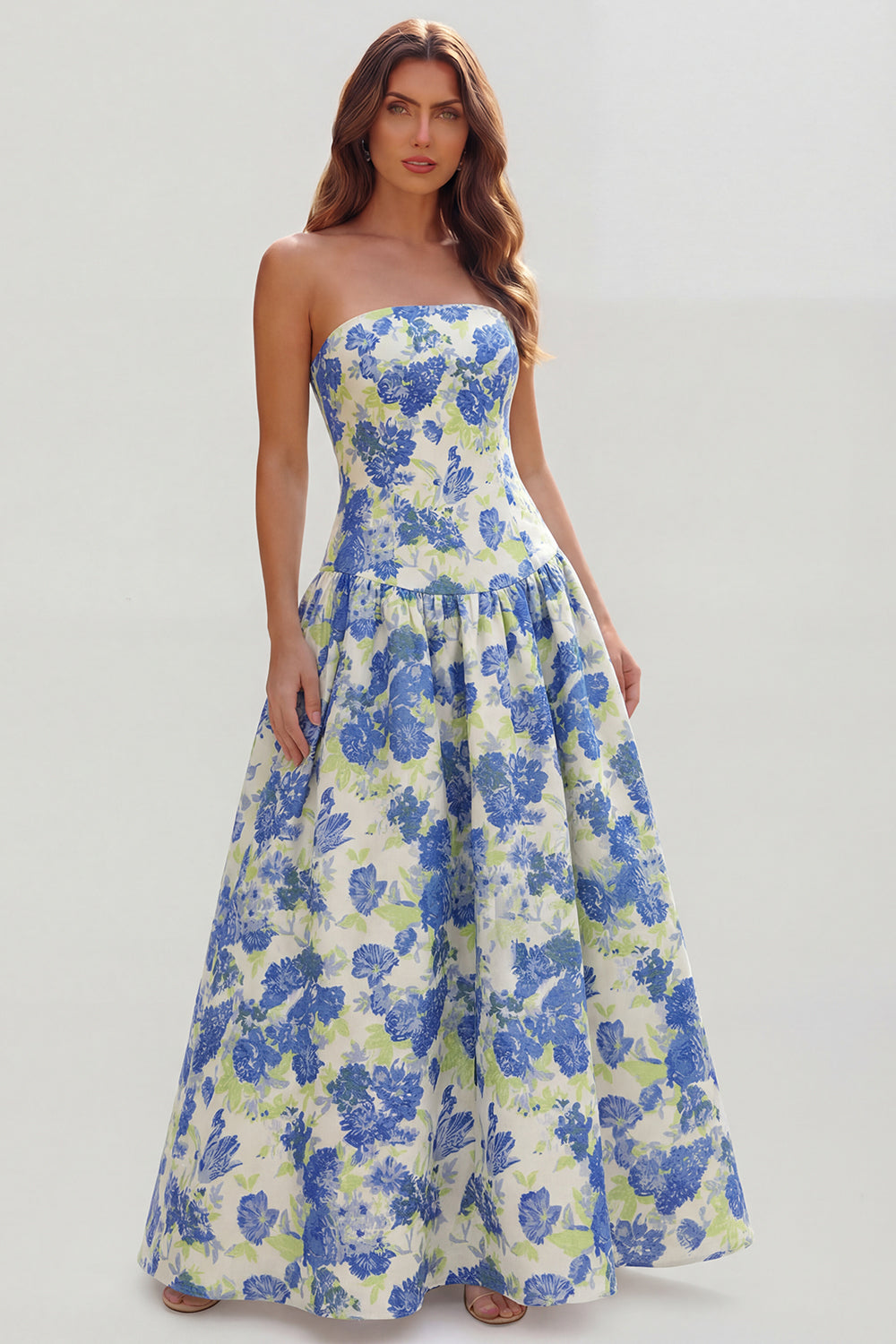 Robe longue ligne A bustier imprimée fleurs bleu blanc
