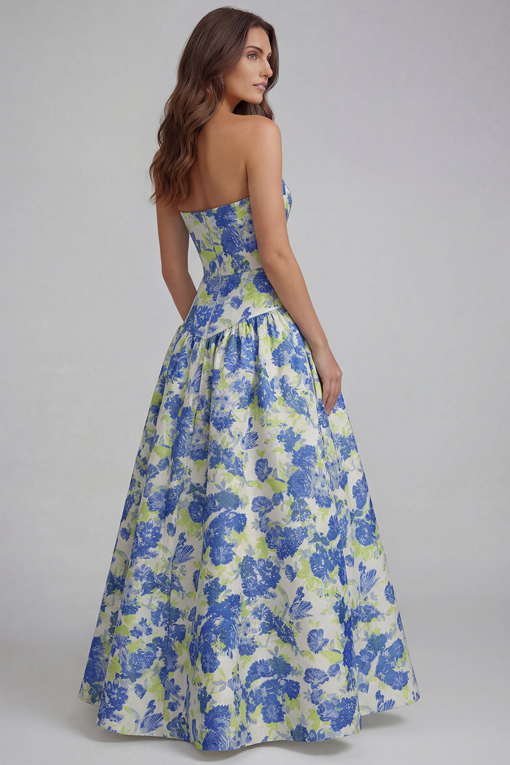 Robe longue ligne A bustier imprimée fleurs bleu blanc