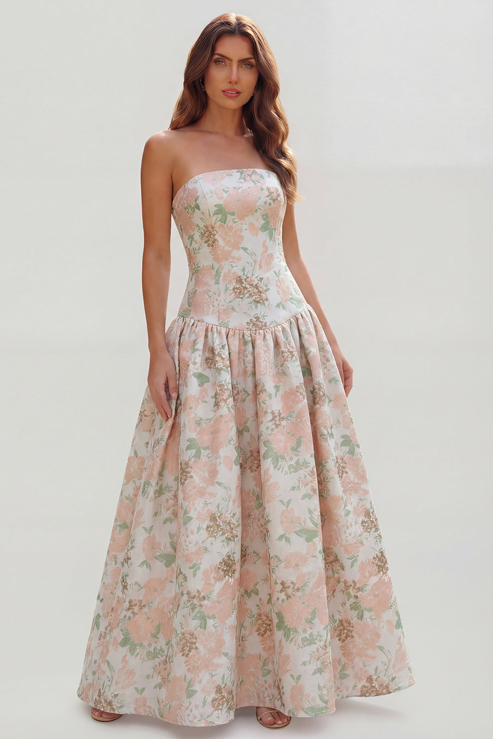 Robe longue ligne A bustier imprimée fleurs bleu blanc