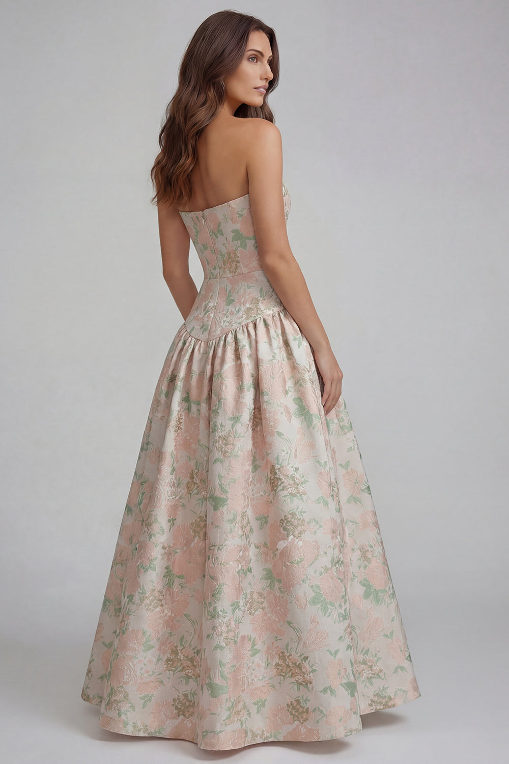 Robe longue ligne A bustier imprimée fleurs bleu blanc