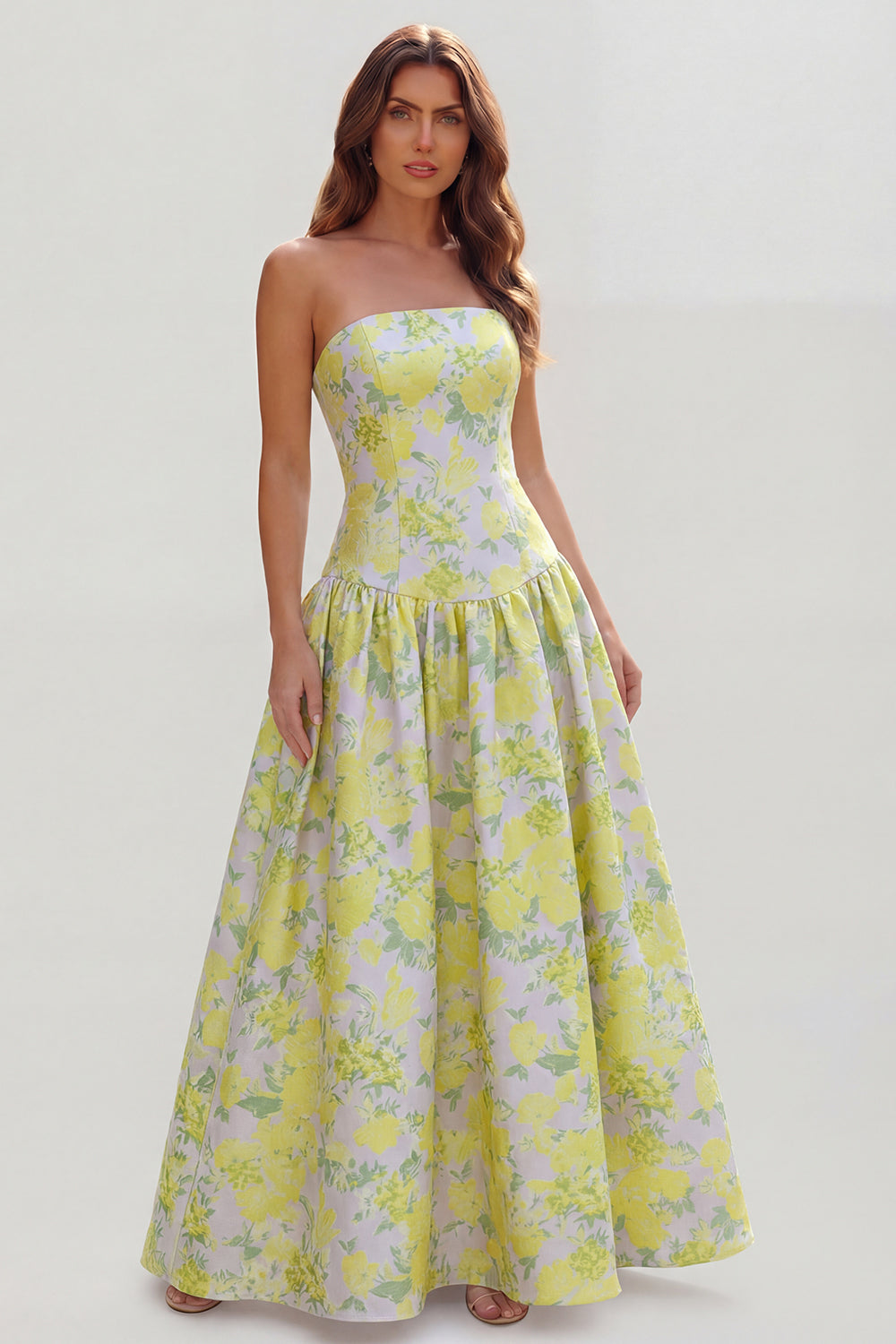 Robe longue ligne A bustier imprimée fleurs bleu blanc