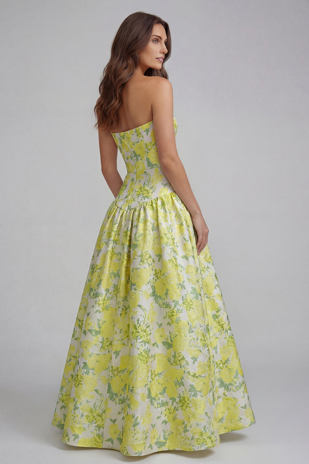 Robe longue ligne A bustier imprimée fleurs bleu blanc