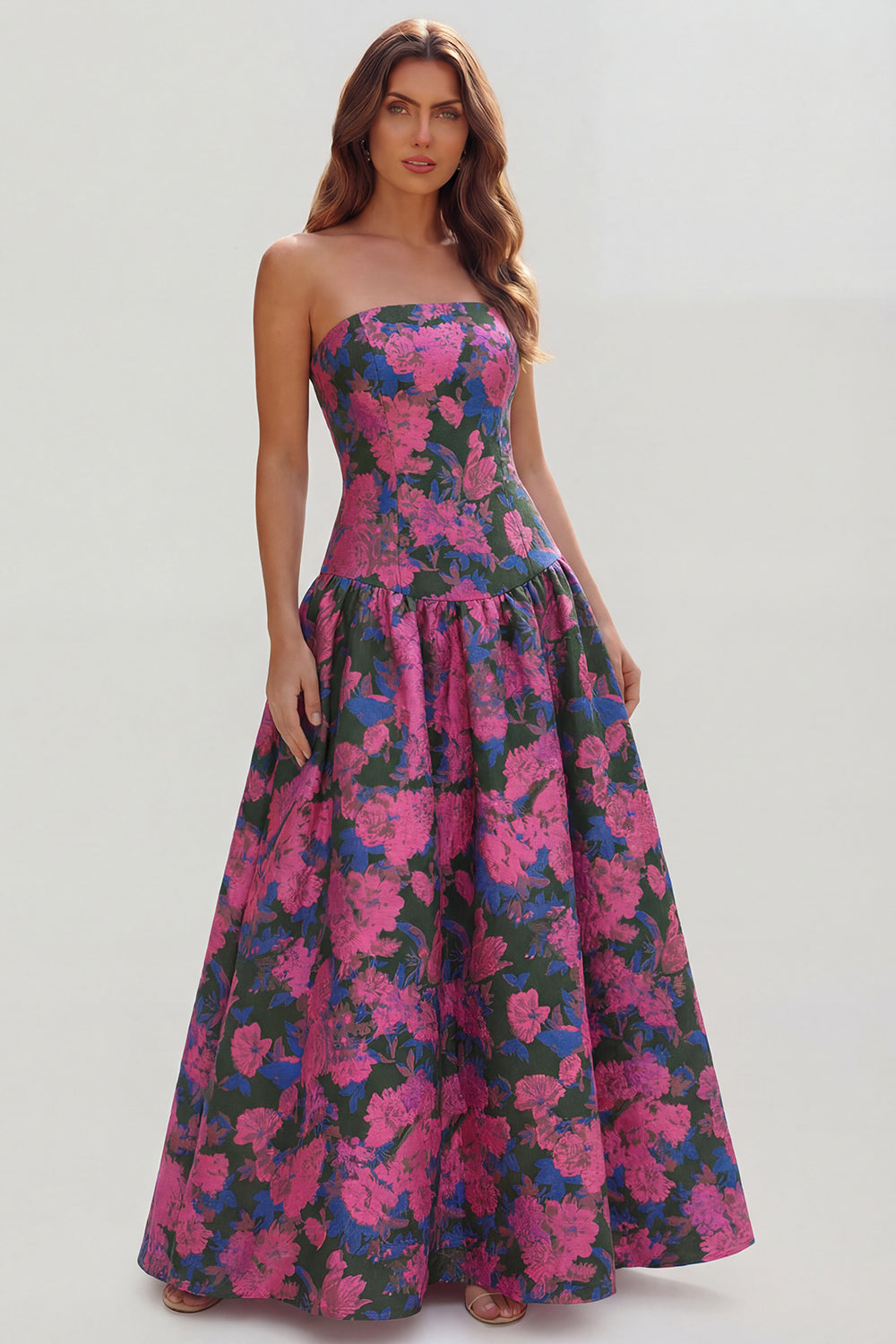 Robe longue ligne A bustier imprimée fleurs bleu blanc