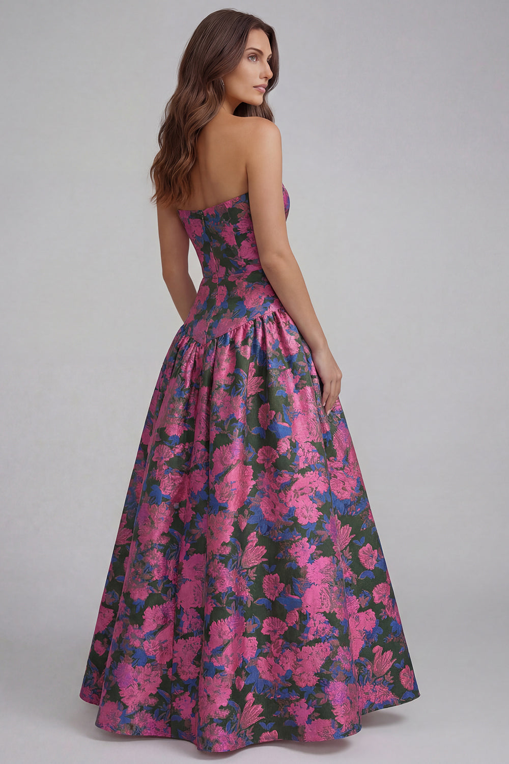 Robe longue ligne A bustier imprimée fleurs bleu blanc