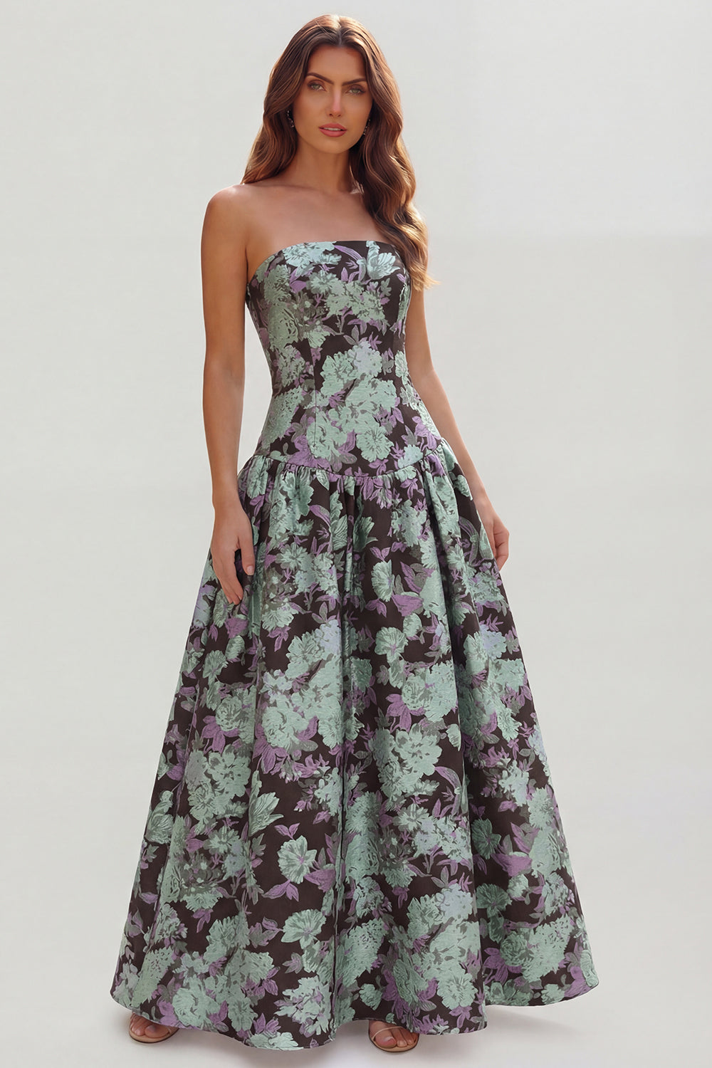 Robe longue ligne A bustier imprimée fleurs bleu blanc