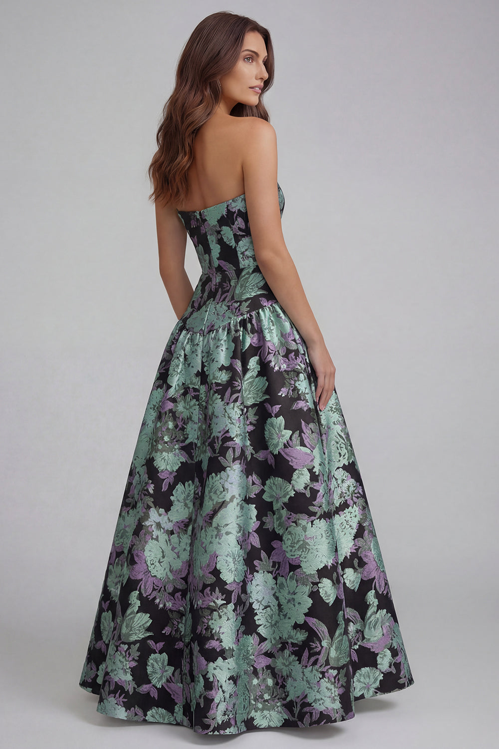 Robe longue ligne A bustier imprimée fleurs bleu blanc