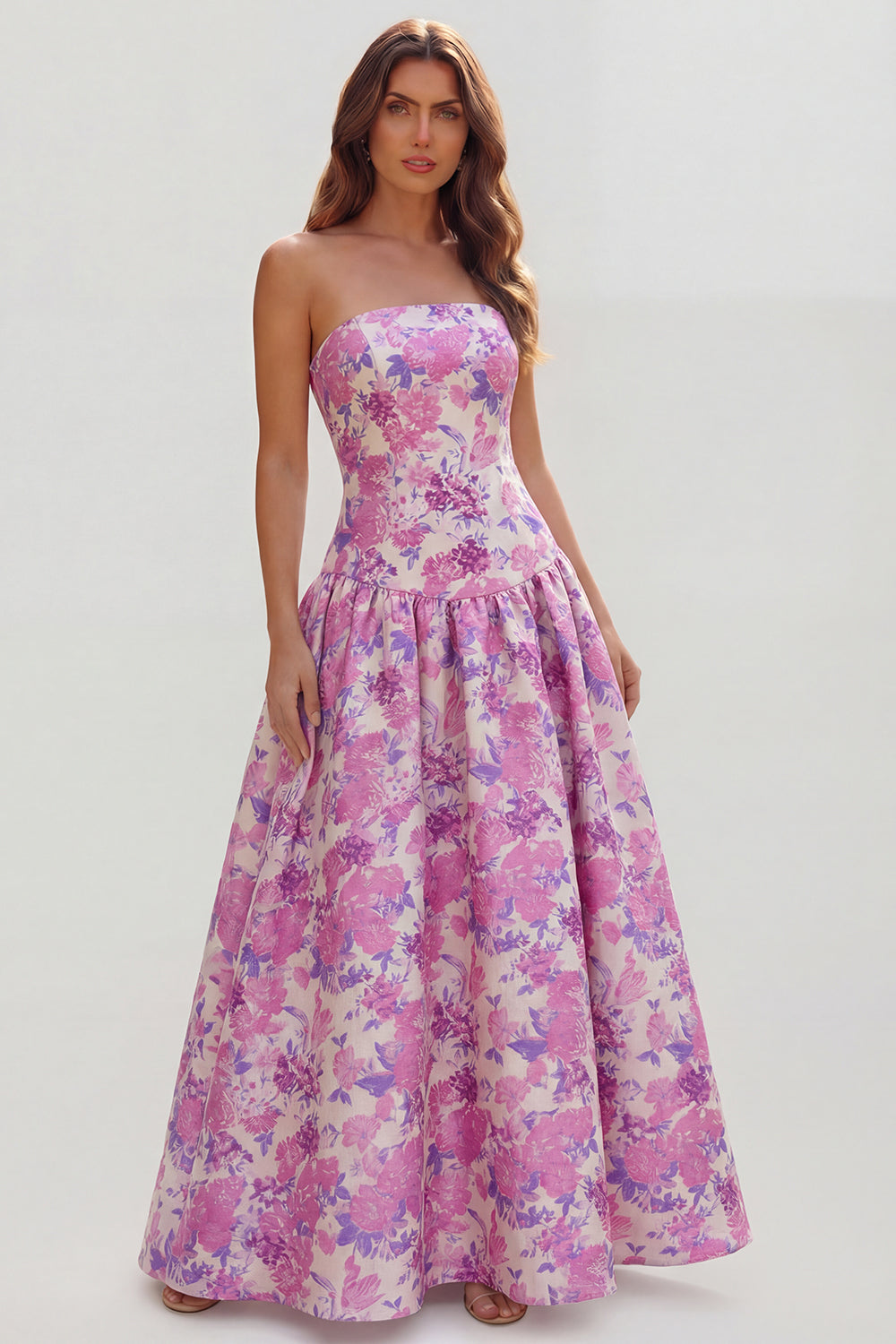 Robe longue ligne A bustier imprimée fleurs bleu blanc