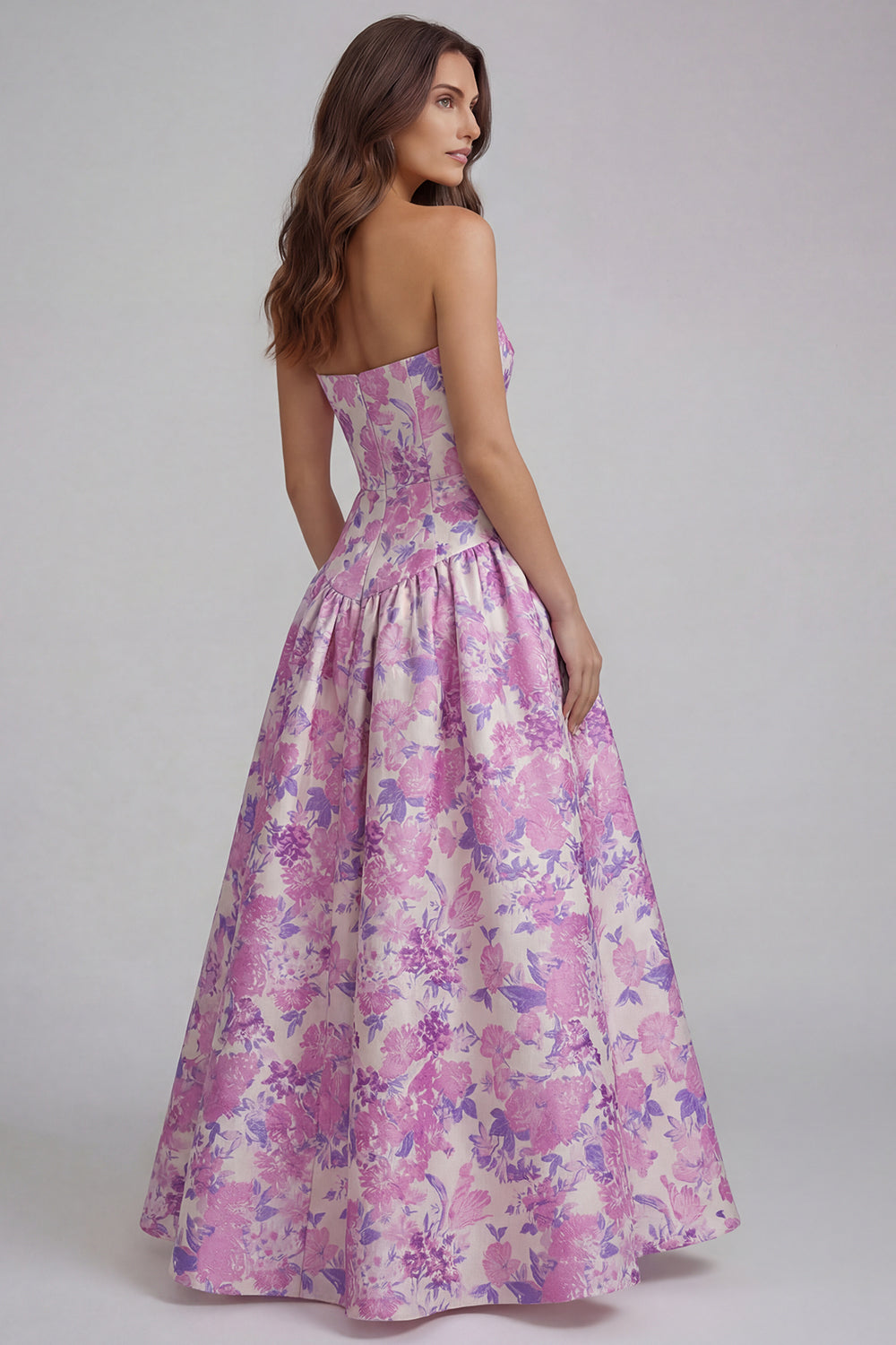 Robe longue ligne A bustier imprimée fleurs bleu blanc