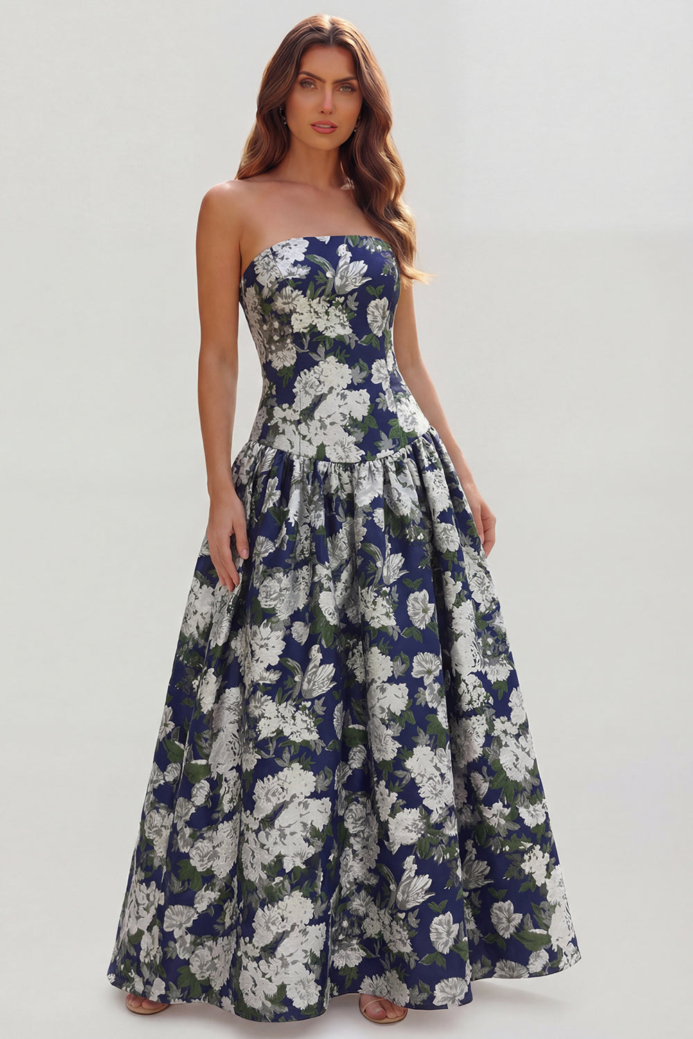 Robe longue ligne A bustier imprimée fleurs bleu blanc