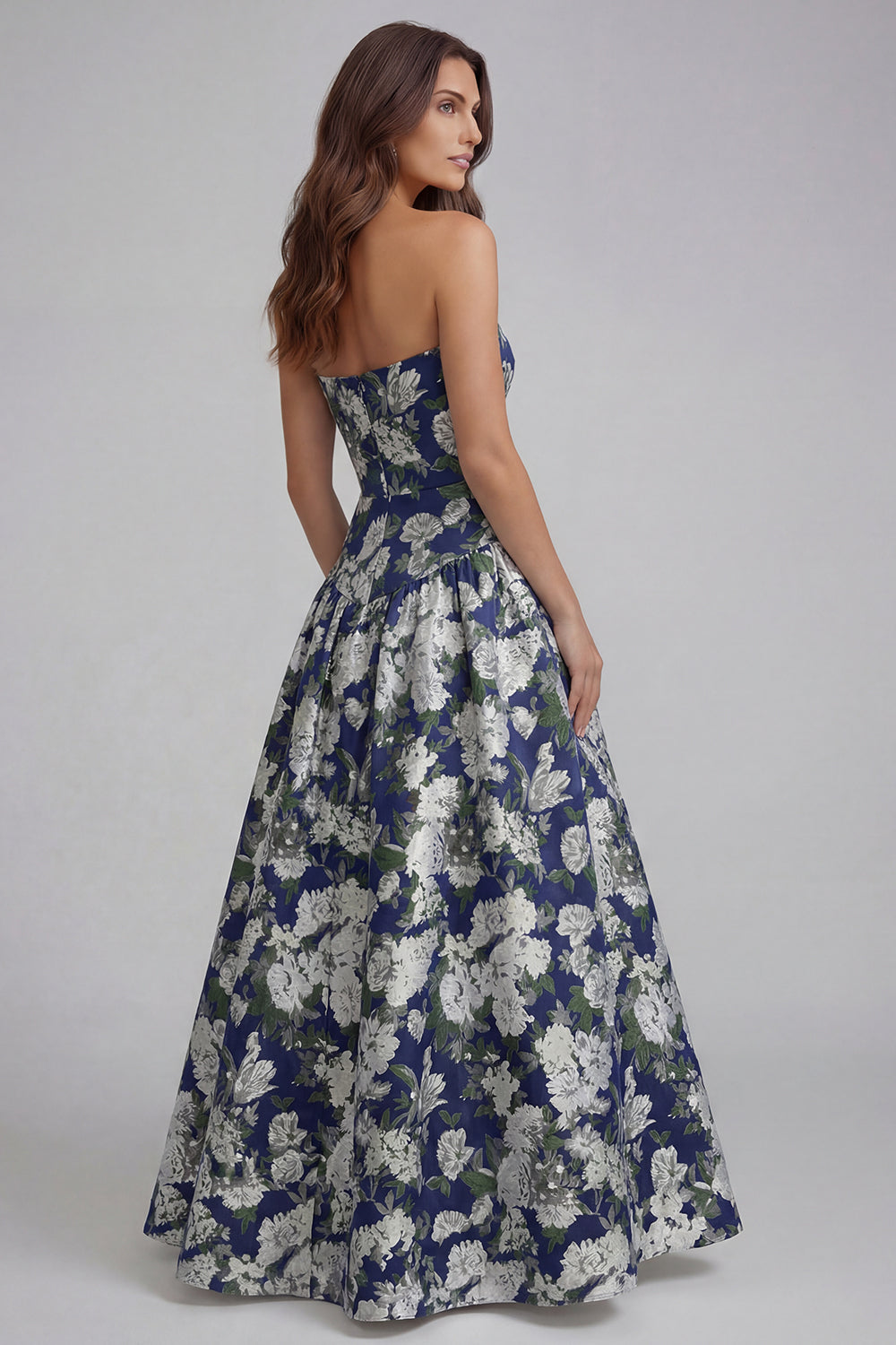 Robe longue ligne A bustier imprimée fleurs bleu blanc