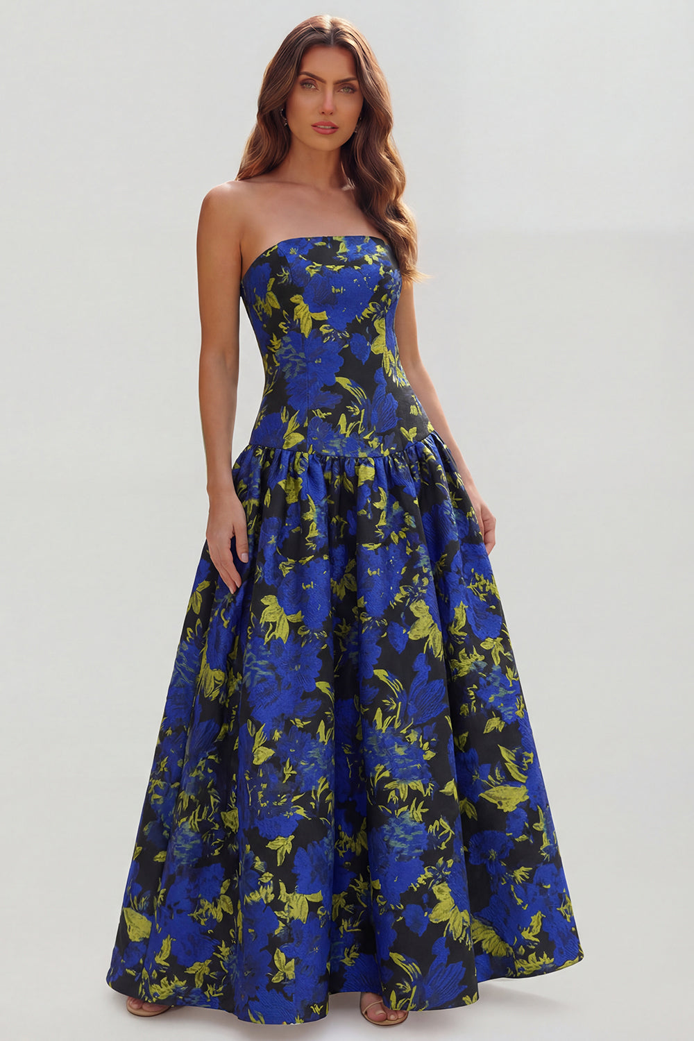 Robe longue ligne A bustier imprimée fleurs bleu blanc