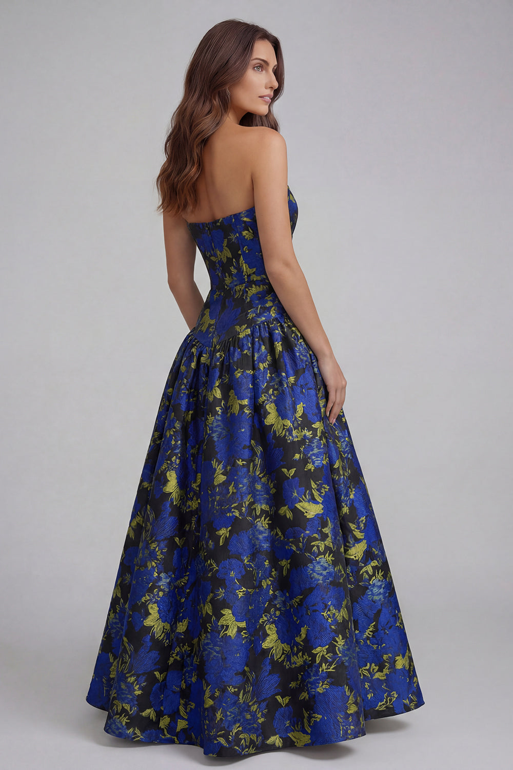 Robe longue ligne A bustier imprimée fleurs bleu blanc