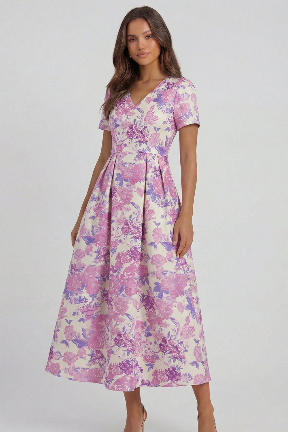 Blue White Flower A-Line Printed Short Sleeves Midi Dress