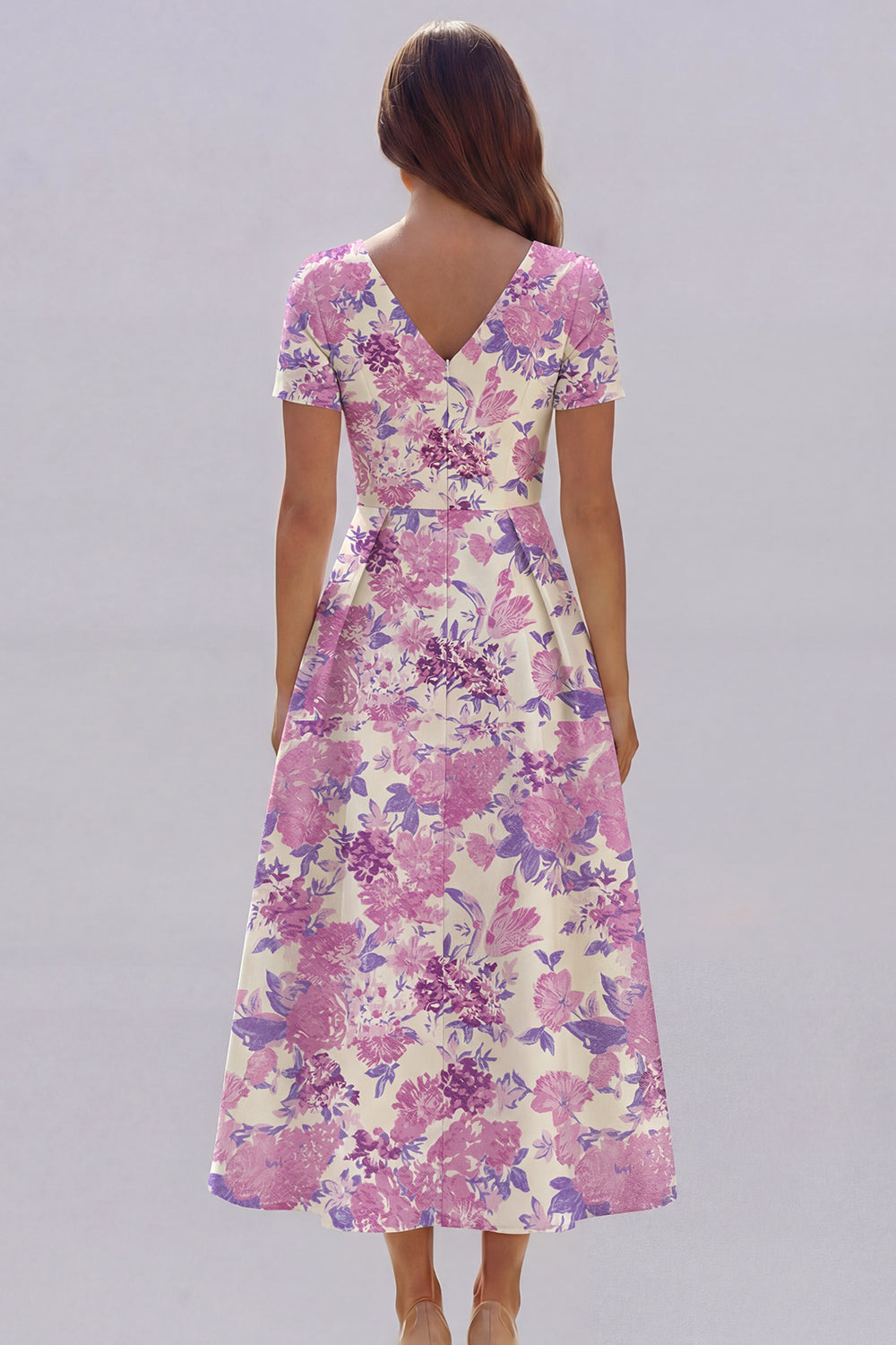 Blue White Flower A-Line Printed Short Sleeves Midi Dress