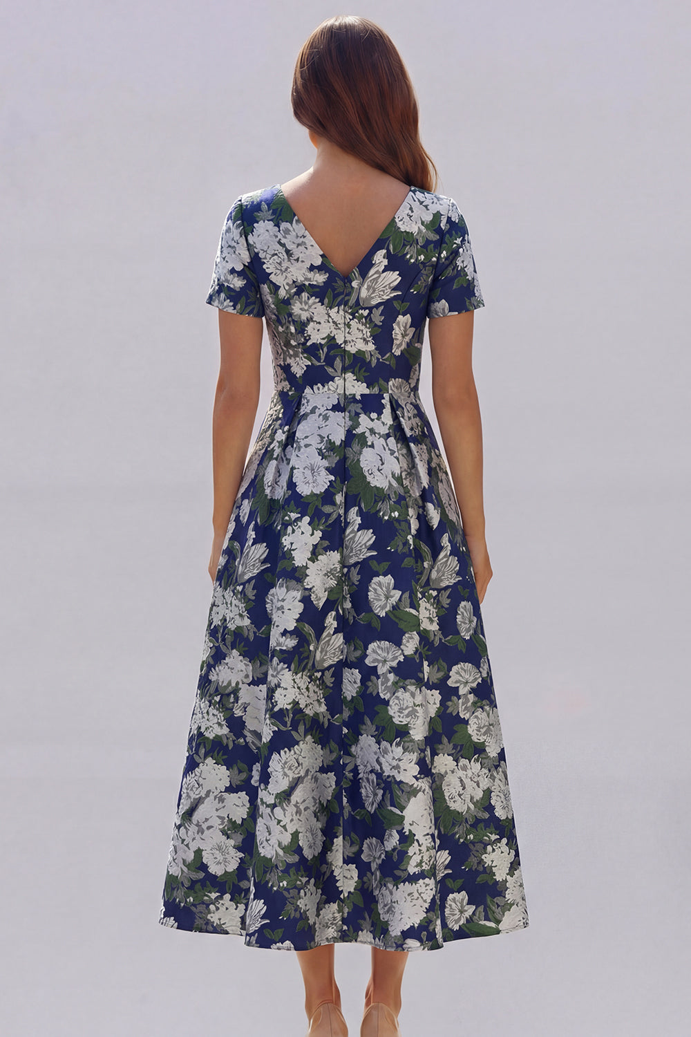 Blue White Flower A-Line Printed Short Sleeves Midi Dress