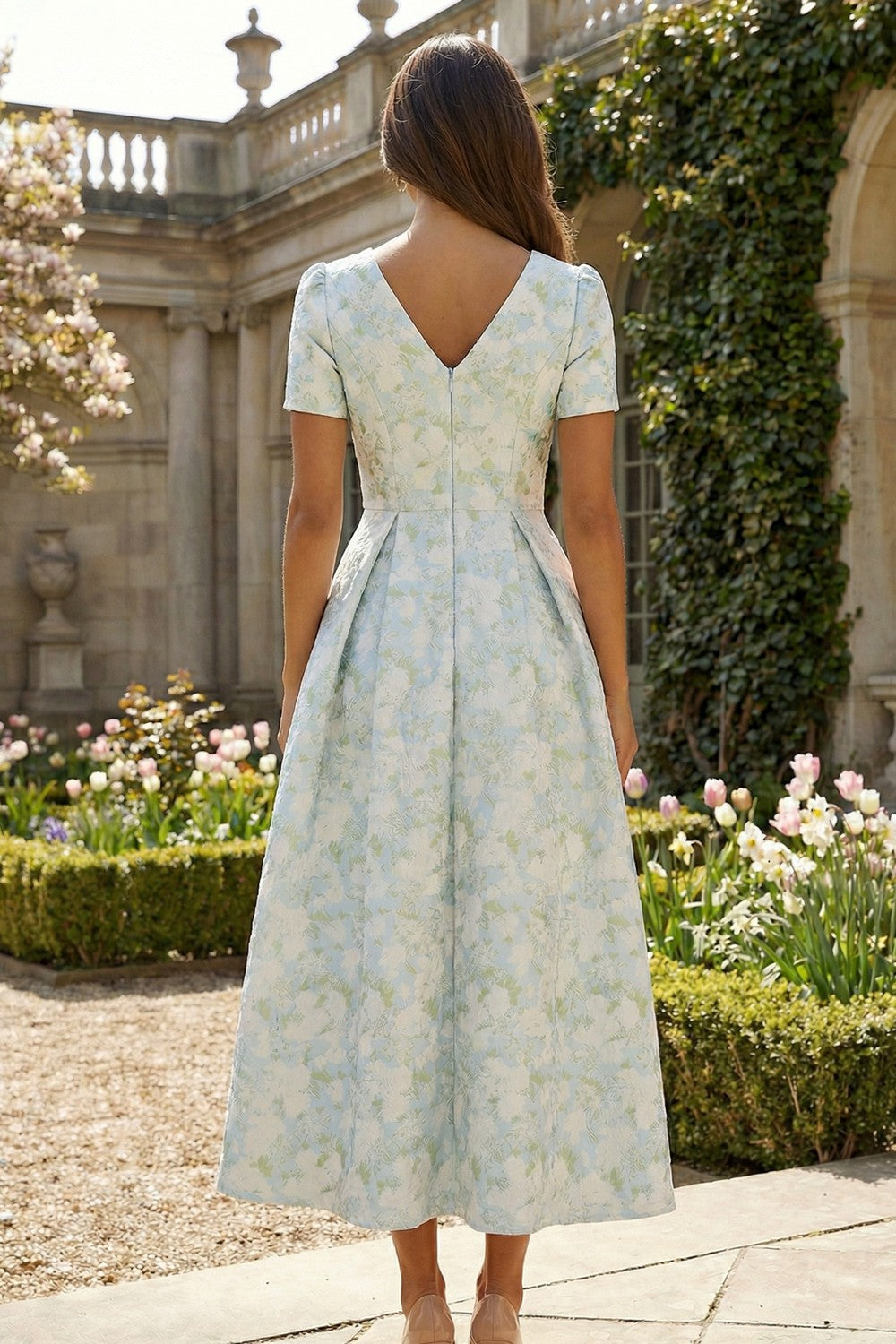 Blue White Flower A-Line Printed Short Sleeves Midi Dress
