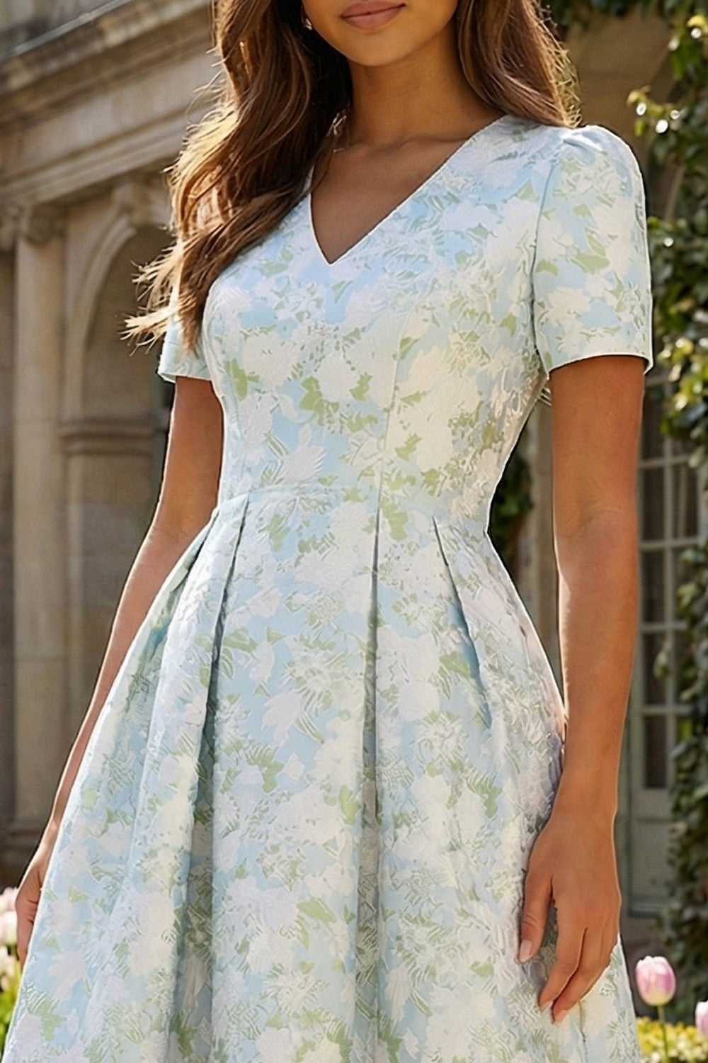 Blue White Flower A-Line Printed Short Sleeves Midi Dress