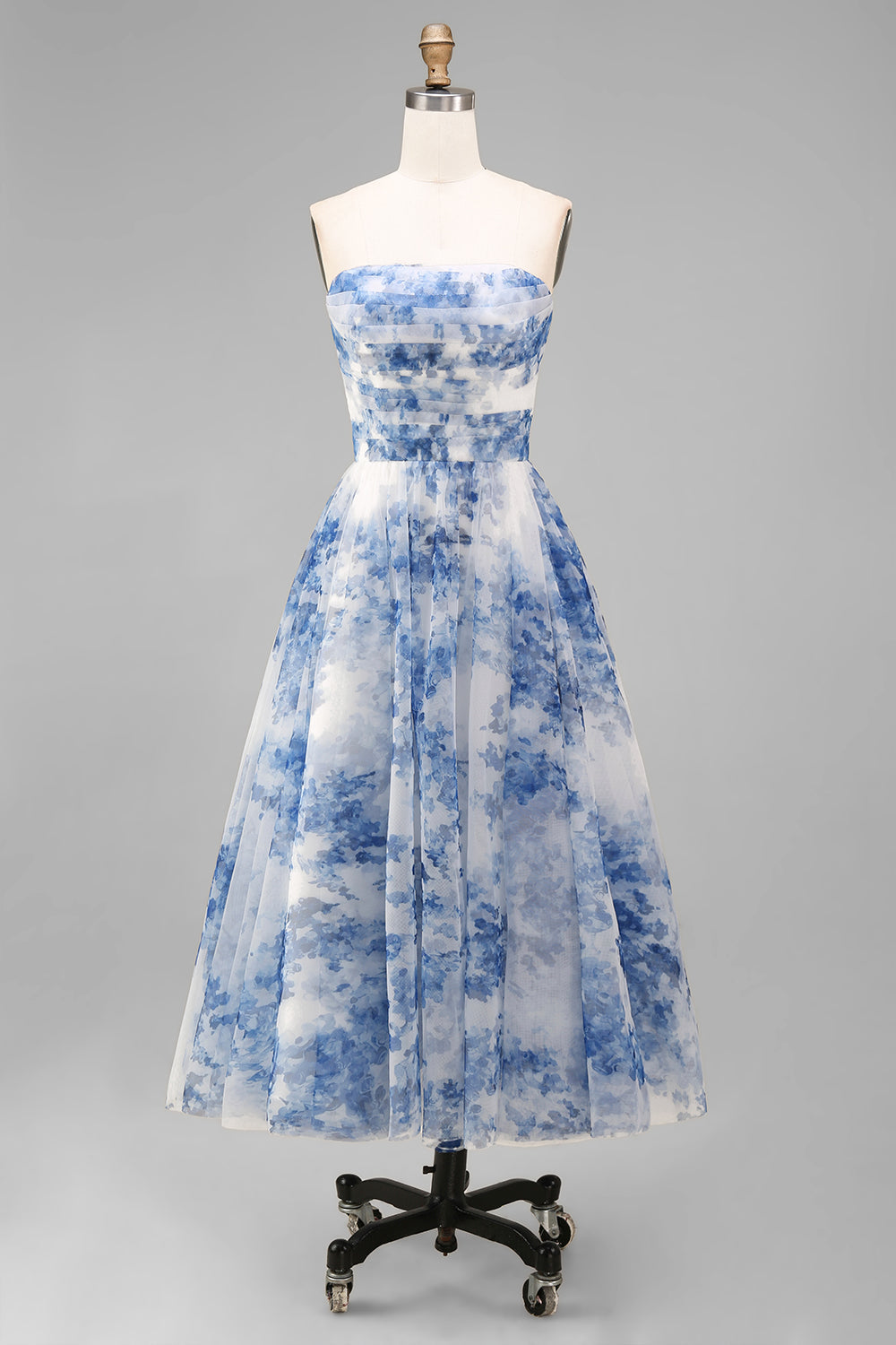 Robe midi bustier évasée, froncée, à fleurs blanches et bleues